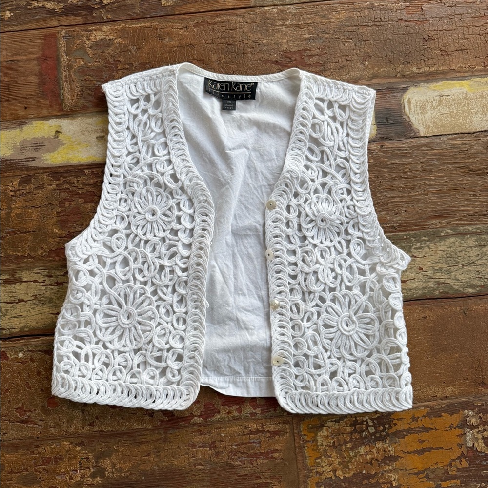 Vintage Karen Kane White Crochet Soutache Button-Front Vest Cotton | XS Petite
